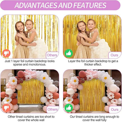 Crosize 4 Pack 3.3 x 9.9 ft Gold Foil Fringe Curtains Party Decorations, Gold Tinsel Curtain Backdrop for Parties, Door Streamers, Glitter Streamer Fringe Backdrop for Birthday Decoration