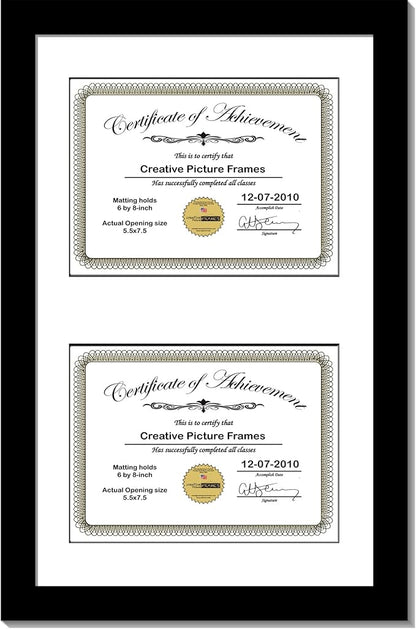 Creative Picture Frames 10X16Bk-W Black Vertical Double Diploma Frame With 2 Opening White Matting | Holds 2-6X8-Inch Documents With Installed Wall Hanger