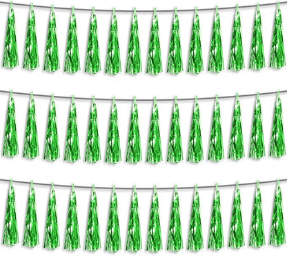 3P Green Foil Fringe Metallic Tassel Streamers Banner Tassel Garland for Parade Floats, Bachelorette, Wedding, Birthday, Halloween, Christmas, Bridal/Baby Shower Party Decorations