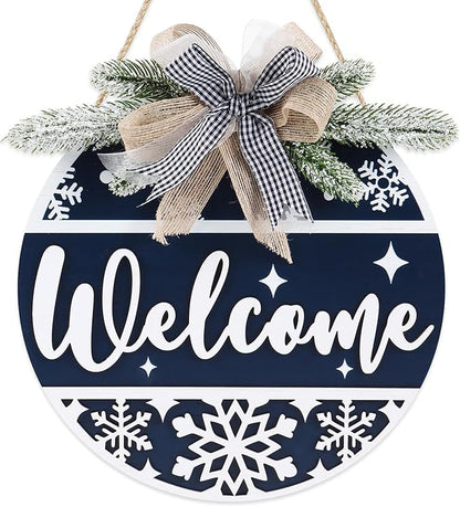 CHDITB Blue Welcome Winter Front Door Sign Wreath(11.4”), Wooden 3D Welcome Home Decoration Wall Hanging with Plaid Bow Snowflake, Farmhouse Christmas New Year Decor for Home Office