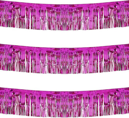 Thick 10 feet by 15 inches Fuchsia Foil Fringe Garland - Pack of 3 | Shiny Metallic Tassle Banner for Car Parade Floats, Wedding, Birthday | Wall Hanging Fringe Garland Banner (Fuchsia)