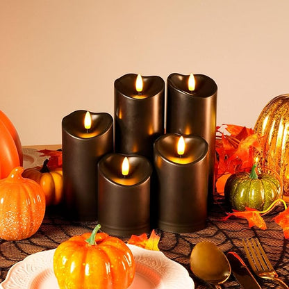 Amagic Black Halloween Flameless Candles with Remote, Waterproof Outdoor Candles Battery Operated with Timer, Plastic Flickering LED Pillar Candle for Holiday, Theme Party, Pumpkin Decor, Set of 5
