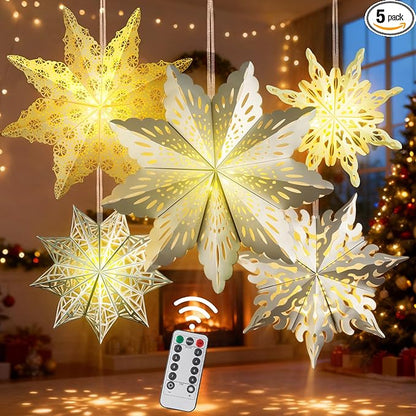 5 Pcs Christmas Paper Snowflake Lanterns, Large 3D Christmas Paper Star Lanterns with LED Lights, White Silver Hanging Snowflake Lamps for Xmas Winter Frozen Weddings Holiday Party Decorations