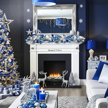 5 ft Christmas Garland for Mantle Unlit Garland for Stairs Railing, Banister, Staircase, Fireplace, for Table No Light, Garland Decor Frosted Red Poinsettia Holiday Tree (Lux Blue Silver)