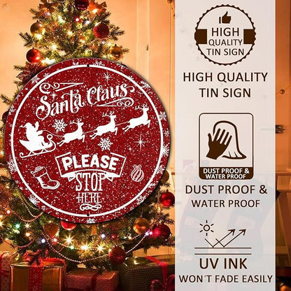 Round Metal Tin Sign - Santa Sleigh Reindeer Vintage Sign - Santa Claus Please Stop Here Sign for Christmas Living Room Bedroom Coffee Bar - 12 * 12 in