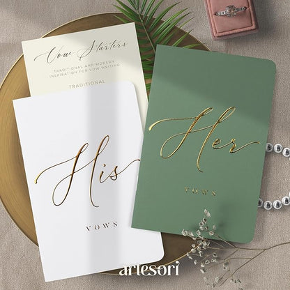 ARTESORI Wedding Vow Book for Her & Him, Soft Touch, Gold Engraving, 28 Lined Pages, Wedding Vow Books His and Hers, Wedding Essentials, Wedding Registry Gifts, His and Hers Gifts [Sage & White]