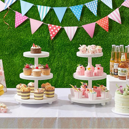 3 Tier Cupcake Stand Round,Wood Cupcake Stand with Beads,Tiered Cake Stand for 24 Cupcakes,Dessert Display Stand,Cupcake Tower for Party, Wedding, Birthday, Home Decor