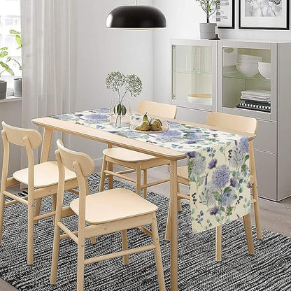 Spring Hydrangea Flower Table Runner, Seasonal Summer Plants Watercolor Eucalyptus Leaves Purple Florals Dinner Runner for Home Kitchen Dining Table Party Holiday Decoration 13"x70"