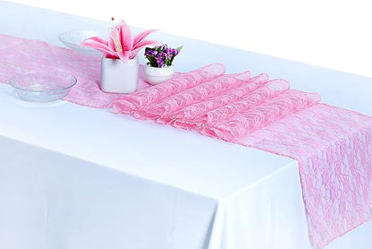 MDS Pack of 15 Wedding 12 x 108 inches Lace Table Runner for Wedding, Decorations for Birthday Parties, Banquets, Graduations, Engagements, and Runners fit Rectangle, Round Table- Pink