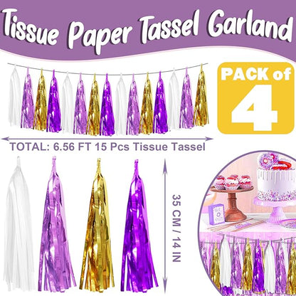 4P Purple-Gold Foil Fringe Metallic Tassel Garland, Tassels Banner Streamers for Parade Floats, Bachelorette, Wedding, Birthday, Halloween, Christmas, Bridal/Baby Shower Party Decorations