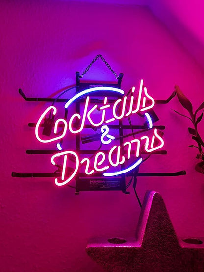 COCKTAILS AND DREAMS Real Glass Neon Light Sign Home Beer Bar Pub Recreation Room Game Room Windows Garage Wall store Sign (17"x14" Large)