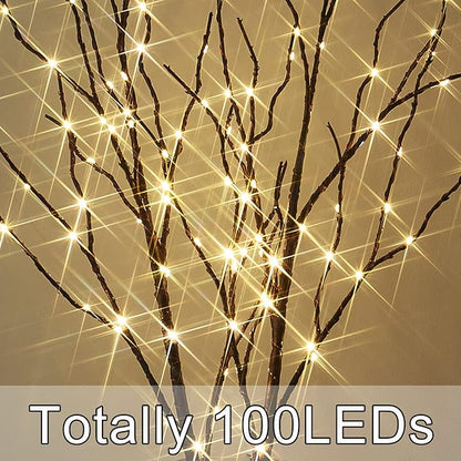Fudios Lighted Brown Branches with Timer 32 in 100 LED for Vases Battery Operated, Artificial Willow Branch Twigs with Warm White Lights for Christmas Holiday Party Decor