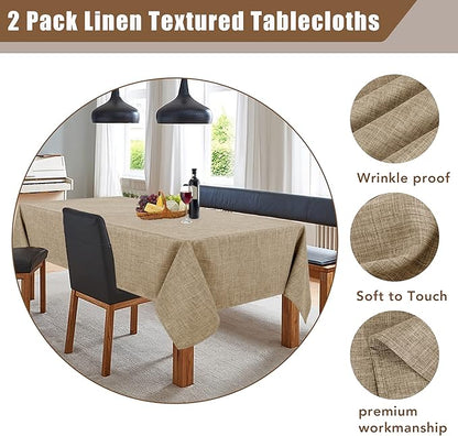 Fitable Faux Linen Table Clothes 60 x 84 Inch - 2 Pack Khaki Tablecloths for Rectangle Tables, Faux Burlap Table Covers for Kitchen Dining, Party, Farmhouse, Baby Shower