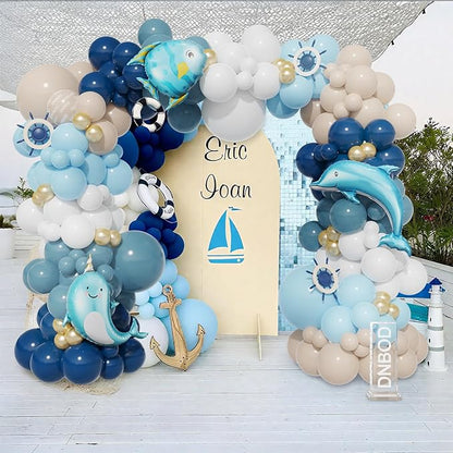 Nautical Balloon Arch Kit,154Pcs Navy Blue Sand White Gold Balloon Garland with Tropical Fish,Whale,Dolphin Foil Balloons for Sea Sailing Nautical Baby Shower Ocean Animals Birthday Party Decorations