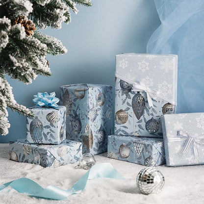LeZakaa Christmas Silver Wrapping Paper Mini Roll, Silver Blue Christmas Ornaments, White Blue Snowflakes Metallic Foil, Reversible Design for Winter Holiday Family Gathering, 17 inches x 32.8 Feet