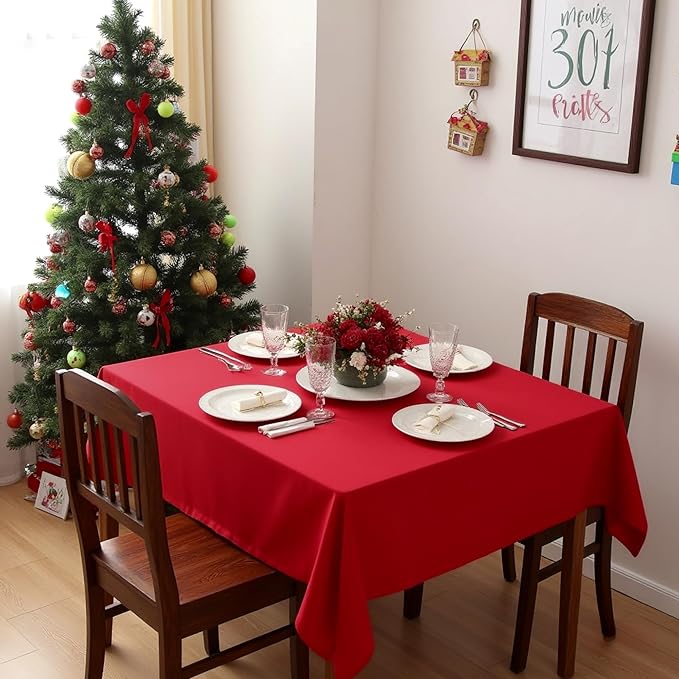 sancua Christmas Red Square Tablecloths 54x54 Inch - Fabric Table Cloth for Square or Round Tables, Washable Polyester Table Cover for Dinner, Holiday Party, Decorative Display Tables