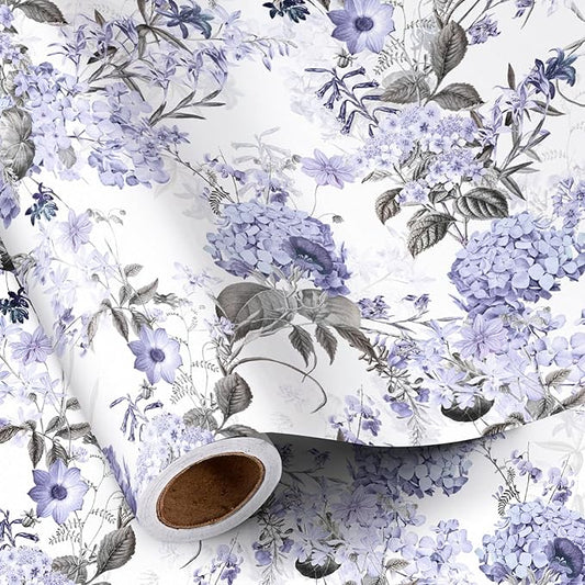 RUSPEPA Floral Wrapping Paper Roll for Women Girls, Mini Roll, Elegant Hydrangea Flower Design Gift Wrap Paper Perfect for Wedding, Birthday, Mother's Day, Spring, Bridal Shower, 17 Inch x 16.4 Feet