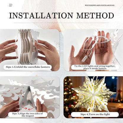 5 Pcs Christmas Paper Snowflake Lanterns, Large 3D Christmas Paper Star Lanterns with LED Lights, White Silver Hanging Snowflake Lamps for Xmas Winter Frozen Weddings Holiday Party Decorations