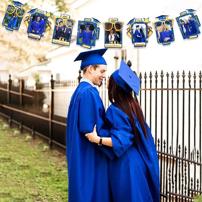 pinkblume Graduation Party Decorations Navy Blue and Gold Grad Photo Banner Royal Blue Gold Congrats Grad Photograph Bunting Garland for 2025 Graduation Celebration Party Decorations Supplies