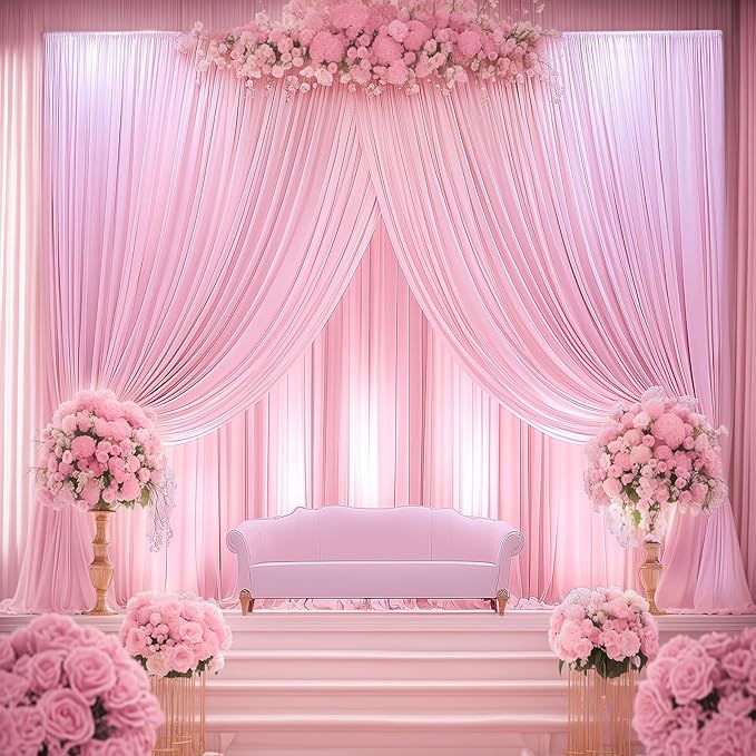 60ftx14FT Wrinkle Free Pink Backdrop Curtain, 12 Panels 14FT Height Pink Wedding Backdrop Drapes, Silky Polyester Back Drop Cloth for Birthday Photography Background Party Backdrop Draping
