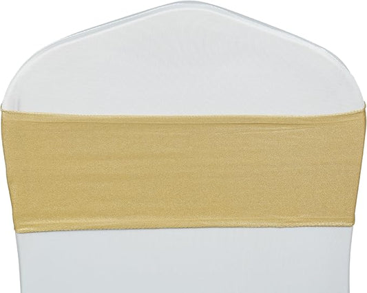 VDS Pack of 125 PCS | Metallic Gold | Spandex Chair Sashes Bows without Buckle | Stretch Elastic Banquet Universal Folding Chair Band Tie with for Wedding Party Conference Celebration Event Decoration