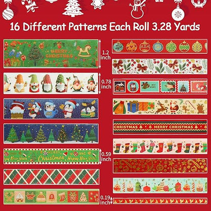 16 Rolls Christmas Washi Tape Holiday Masking Tape 4 Sizes Red Green Christmas Wrapping Tape Glod Foil Decorative Tape for Christmas Scrapbook Journal DIY Craft Gift Wrapping（Christmas