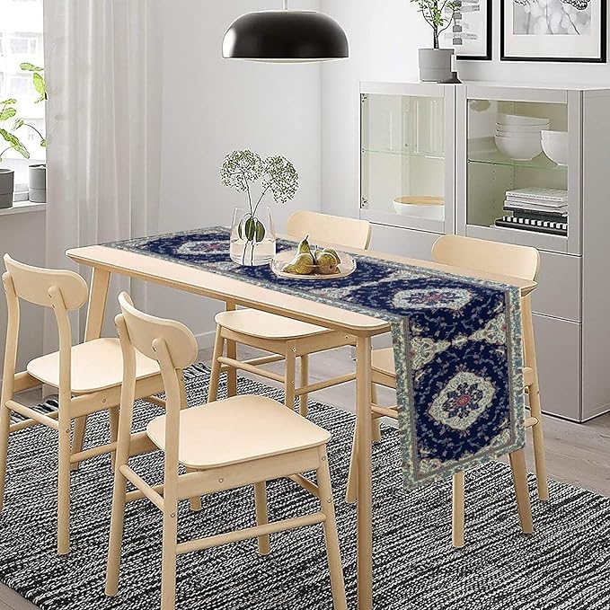 Elegant Palace Boho Blue Table Runner Vintage French Style Farmhouse Geometric Home Farmhouse Kitchen Table Dining Coffee Room Garden Party Wedding Decor 13x36in