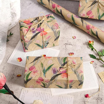 RUSPEPA Tulips Floral Wrapping Paper Roll, Watercolor Gift Wrap, Mini Roll Kraft Paper Roll for Girls, Spring, Summer, Wedding and Birthday 17 Inches x 32.8 Feet