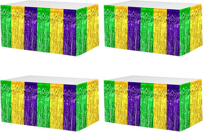 4 Pack 29x108 Inch Mardi Gras Metallic Foil Fringe Tinsel Table Skirts for Rectangle Tables Streamer Backdrop for Wedding, Birthday, Parade Floats, Valentine's Day Party Decoration(Gold Green Purple)