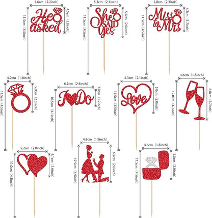 30 PCS He Asked She Said Yes Cupcake Toppers Glitter Engagement Cupcake Toppers Miss to Mrs I Do Love Heart Ring Miss to Mrs Cupcake Picks for Wedding Engagement Party Cake Decorations Supplies Red