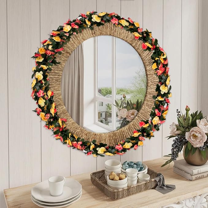 16Pcs 126Ft Pink&Yellow Rose Garland, Fake Rose Hanging Flowers, Artificial Flower Vine, Hanging Floral Vine Garland for Wedding, Birthday Party, Wall Arch, Halloween, Christmas Garden Backdrop Decor