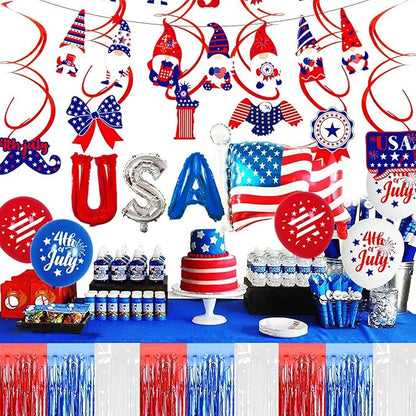 4 Pack 29x108 Inch Metallic Foil Fringe Tinsel Table Skirts for Rectangle Tables Streamer Backdrop for Wedding, Birthday, Parade Floats, Christmas, Halloween Party Decoration(White Blue Red)