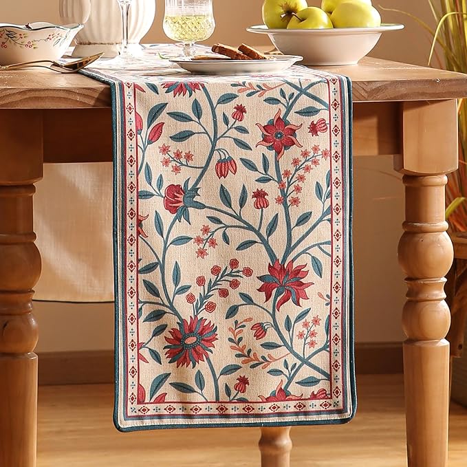 Farmhouse Berry Red Floral Table Runner for Coffee Table,Decorative Linen 87 Inches Long Table Runners,Decor Tabletop for Kitchen,Dining,Party,Home,Christmas,12"*87"