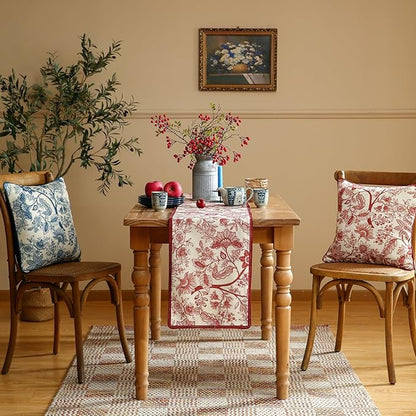 ISAENNE Designer Chinoiserie Elegant Linen Table Runner 71 Inches Long,Red Floral Pattern Decor Table Runners for Thanksgiving,Dining Room,Banquet,Kitchen Tables,Christmas,12"*71"-Ruyi A
