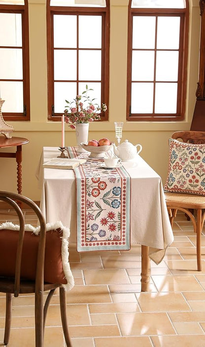 Decorative Linen Small Table Runner 63 Inches Long,Green Floral Rustic Fall Runner for Table Decor Tabletop Table Runners for Kitchen,Dining,Party,Home,Christmas,12"*63"