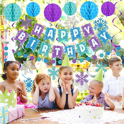 Funrous Snowflake Birthday Decorations Happy Birthday Banner Snowflake Hanging Swirls Honeycomb Balls Circle Dots Garland for Winter Princess Party Supplies