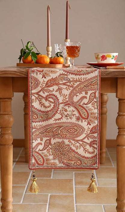 ISAENNE Designer Elegant Red Linen Extra Long Table Runner 118 Inches,Vintage Paisley Pattern Durable Table Runners for Dining Tables,Thanksgiving,Kitchen Tables,Christmas,12"*118"-Chauffrey A