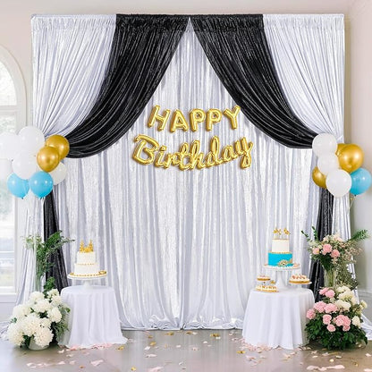 Silver Curtains Backdrop for Wedding Parties, Glitter Blrthday Drapes 4 Panels of 4.8x8FT Wrinkle Free Glitter Photo Backdrop Drapes