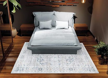 Bloom Rugs Washable Non-Slip 4' x 6' Rug - Cream/Light Blue/Teal Traditional Medallion Area Rug for Living Room, Bedroom, Dining Room, and Kitchen - Exact Size: 4' x 6'
