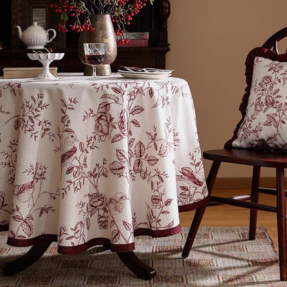 ISAENNE Designer Vintage Linen Round Tablecloth,Red Floral Pattern Linen Stain Resistant Table Cloth,Decor Tablecloths for Dining Thanksgiving Kitchen Christmas,Diameter 67"-Harmony