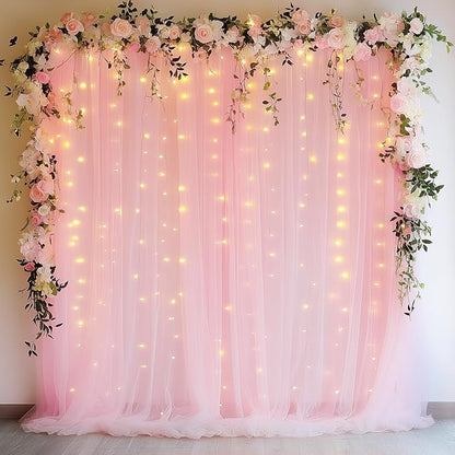 Fomcet Pink Tulle Backdrop Curtains with Lights String 10FT X 10FT Sheer Curtain with Lights Tulle Curtains Backdrop for Wedding Birthday Party Photo Shoot (2 Panels 5x10FT)