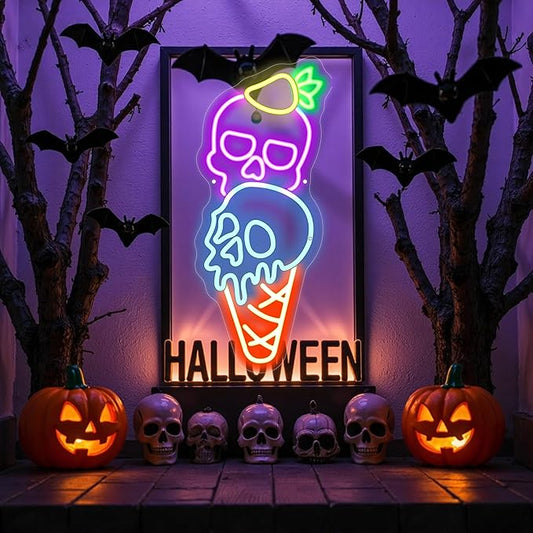Halloween Ice Cream Skull Neon Sign, Quirky Gothic LED Wall Art,Skull Neon Light Ice Cream Neon Lighht Halloween Decor Wall Halloween Neon Sign Coffee Shop Decor, Christmas Party Bar Drink Shop-Purple