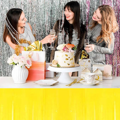 3 Pack 29 x108 Inch Macaron Yellow Foil Fringe Table Skirts Metallic Banner for Tinsel Streamer Garland Backdrop for Parade Floats Mother's Day, Graduate, Birthday, Wedding Party Decoration