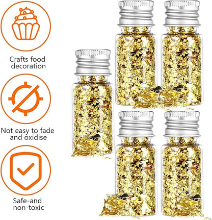 5Pcs Decorative Gold Leaf, Multifunction Gold Flakes Cake Decoration Baking Foil Decor with Plastic Tweezers for Cooking Dessert Steak Decoration Crafts Makeup