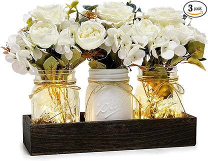 Mason Jar Lights Centerpiece for Table, Mason Jar Centerpiece Table Decor for Dining Room Farmhouse Coffee Table Decor with Wood Tray Fairy Lights Fake Peony Flowers for Kitchen Living - Ivory