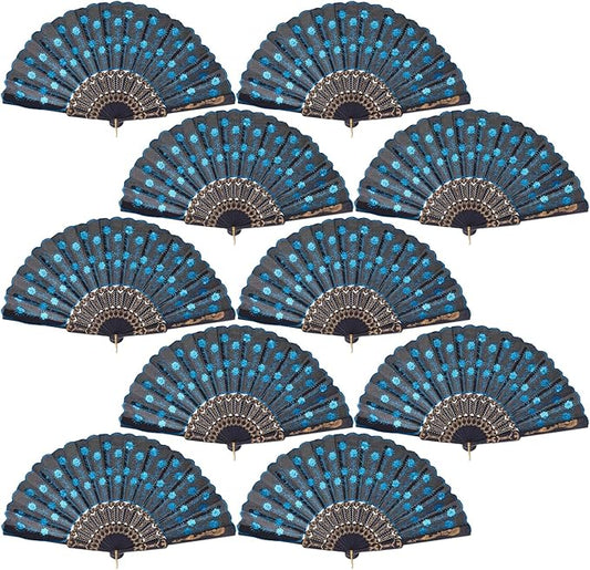 QIRMIZI 10 Pack Fabric Folding Handheld Fans, Perfect for Weddings, Parties, and Dancing,Light Blue