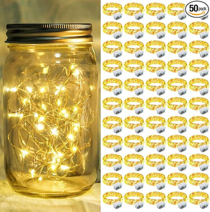 50 Pack Fairy Lights 7Ft 20 LED Twinkle String Lights 3 Modes Battery Operated Waterproof Firefly Starry for Mason Jar Party Wedding Christmas Valentines Day Table Centerpieces,Warm White