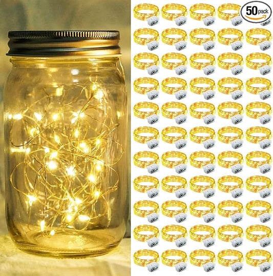 50 Pack Fairy Lights 7Ft 20 LED Twinkle String Lights 3 Modes Battery Operated Waterproof Firefly Starry for Mason Jar Party Wedding Christmas Valentines Day Table Centerpieces,Warm White
