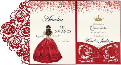 DORIS HOME 50pcs Laser Cut Quinceanera Invitation Pockets with Envelopes Red, 5.12" x 7.12"Invitation Cards for Birthday, Miss 15, Sweet 16 (No Inserts Included)