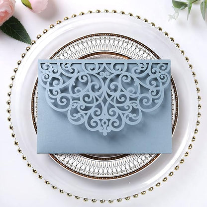 PONATIA 5.12 x 7.2 Dusty Blue Laser Cut Invitation Pocket, 20PCS Tri-Fold 5 x 7 Laser Cut Wedding Invitation Pockets with Envelopes for Wedding Bbay Shower Birthday Sweet 16 Invite (No Inner Sheet)